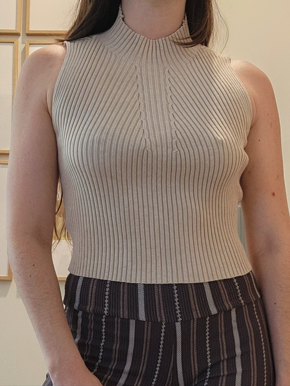 SHEIN Ribbed Mock Neck Sleeveless Knit Tank Top - Light Beige